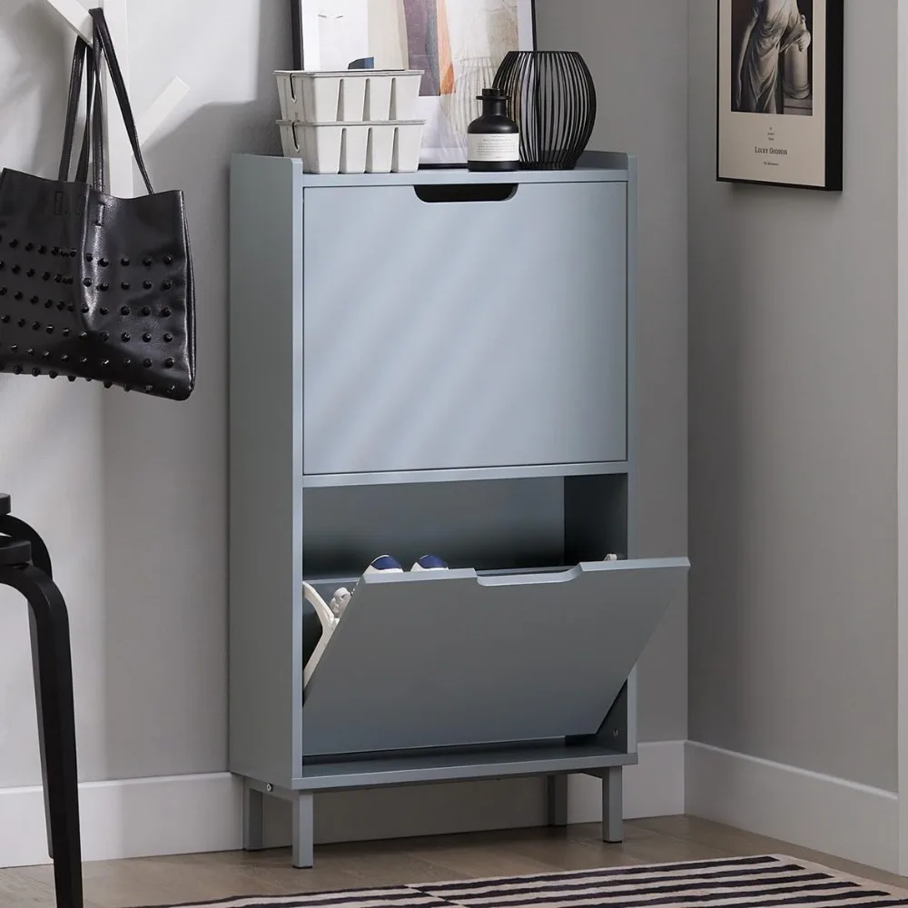 

Shoe Cabinet Entryway with 2 Flip-Drawers, Narrow Storage Freestanding Shoe Rack, Slim Shoe Organiazer