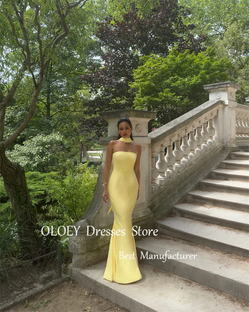 OLOEY Simple Mermaid Yellow Evening Dresses With Scalf Arabic Women Strapless Soft Satin Floor Length Prom Gowns Formal Party