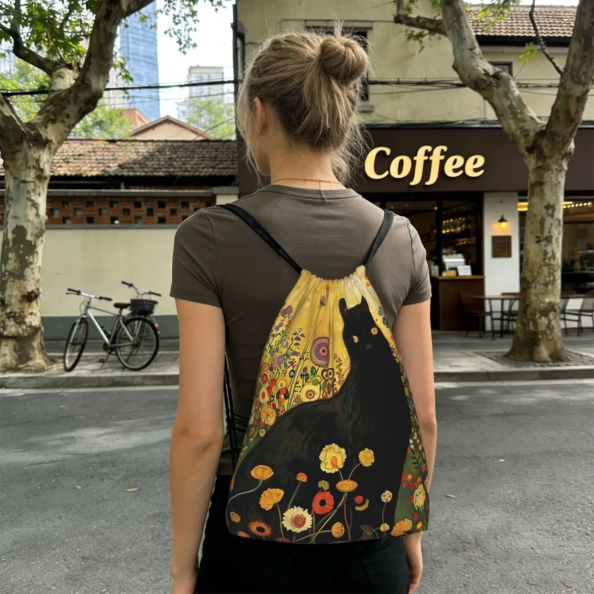 Black Cat With Flowers On Yellow Background Backpacks Multi-function Drawstring Bags Storage Bag Book Bags for Travel School
