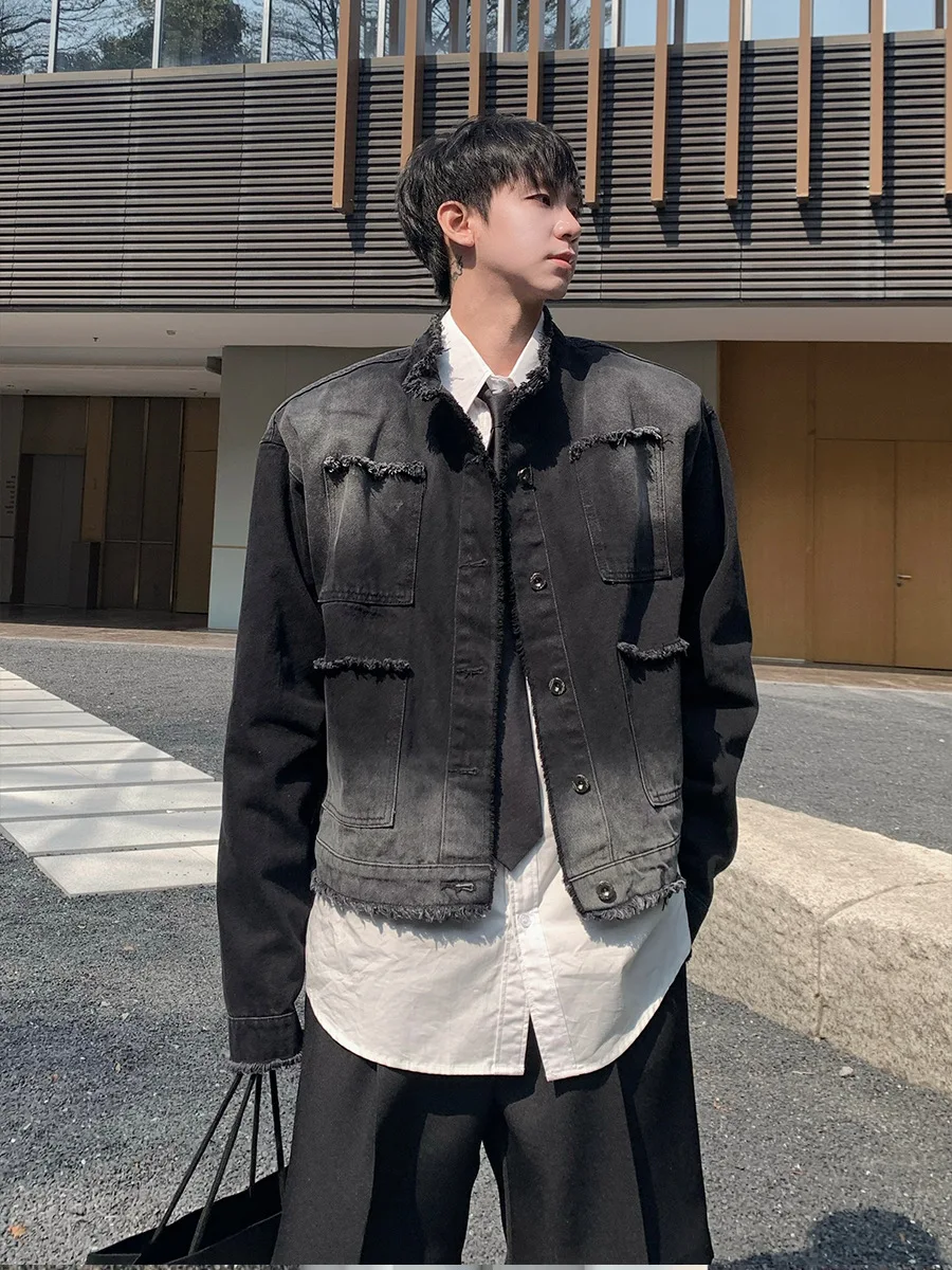 2024 Men's Fashion Design Raw Edge Denim Jacket Youth High Street Retro Washed Gradient Stand Collar Loose Jacket