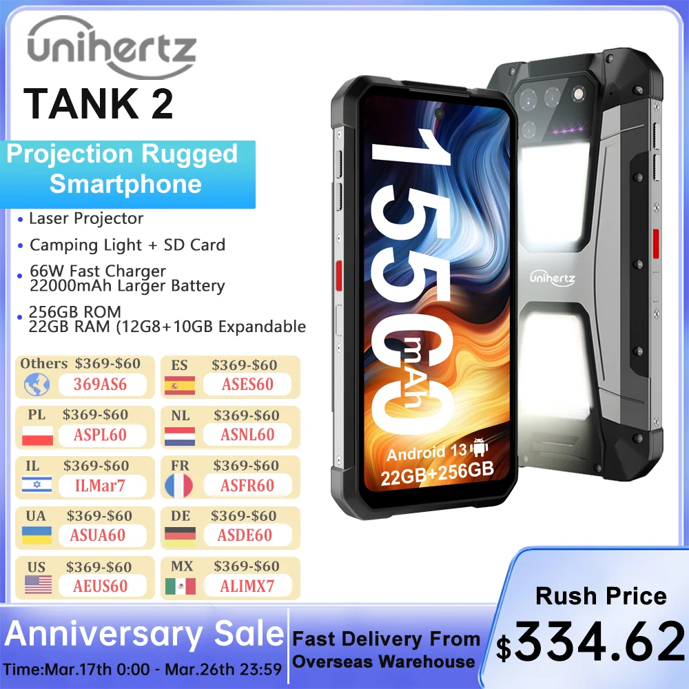 Unihertz 8849 Tank 2 projecteur robuste 22GB RAM 256GB ROM 108MP lumière de Camping 64MP Super Vision nocturne G99 15500mAh prise en charge SD TF