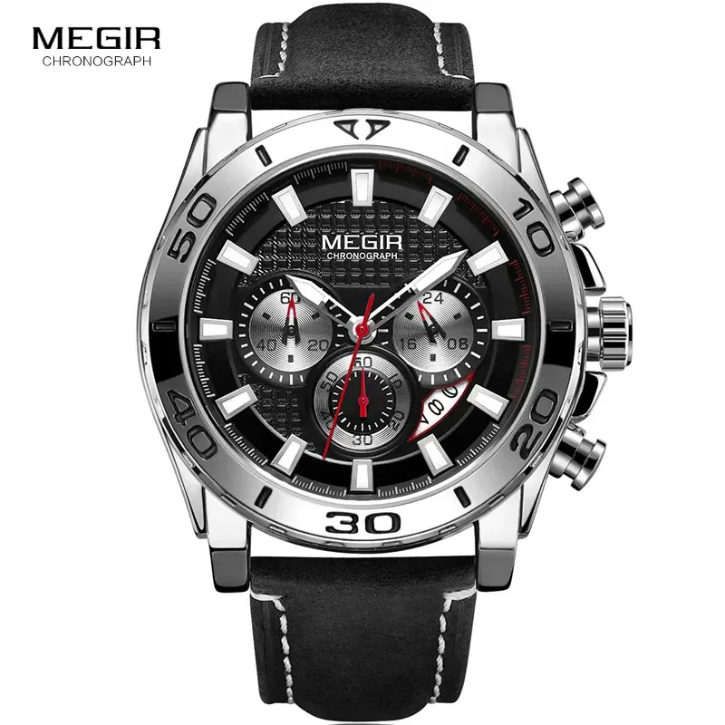 MEGIR Men's Army Sports Chronograph Quartz Watches Leather Strap Luminous Waterproof Wristwatch Man Relogios Clock 2094 Silver