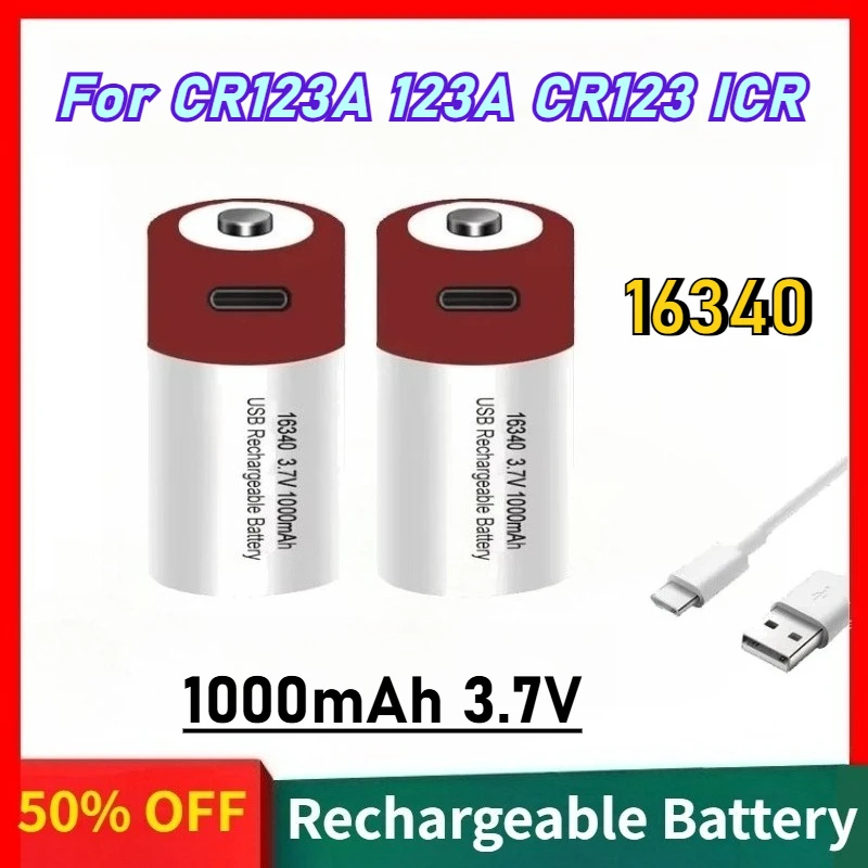 New 16340 1000mAh 3.7V Lithium-ion Battery with USB Fast Charging Suitable for CR123A 123A CR123 ICR Replaceable Battery