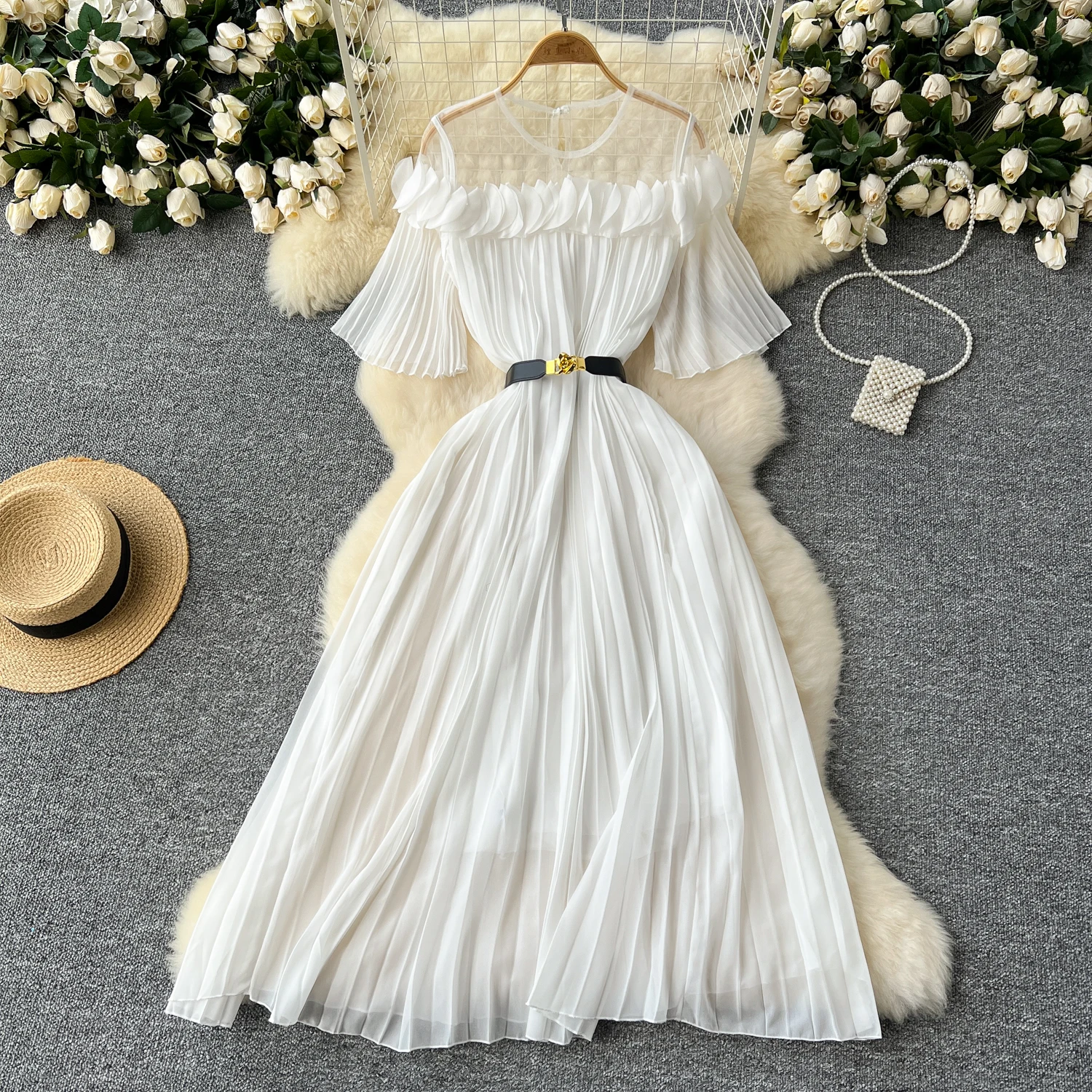 French mesh PATCHWORK Three-dimensional flower Sweet Dress Women Summer Waist Cinching pleated chiffon Dresses