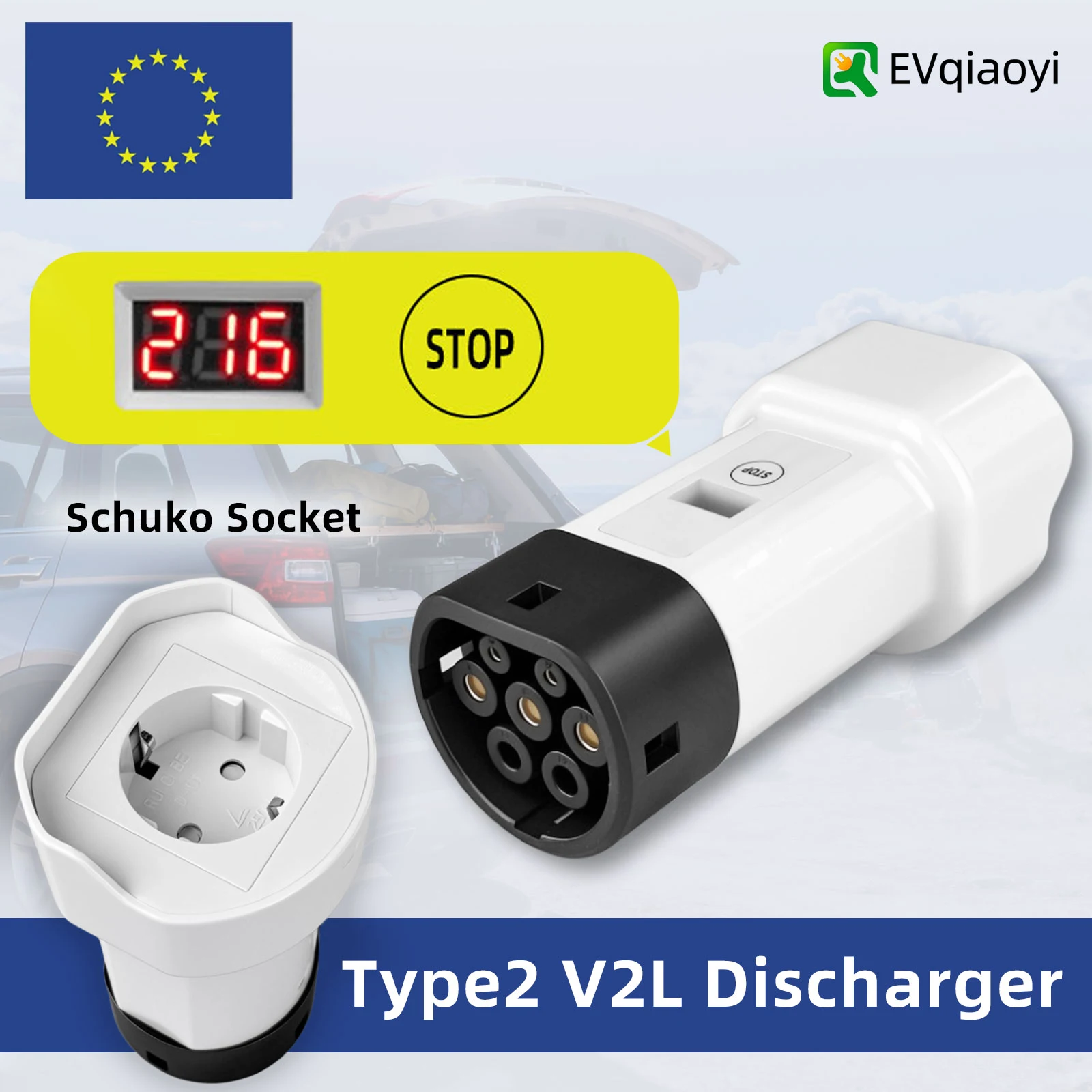 EVqiaoyi Type2 V2L Adapter with Schuko Socket One-Button Power-Off and Voltage Display Discharge Plug for Type2 Electric Cars