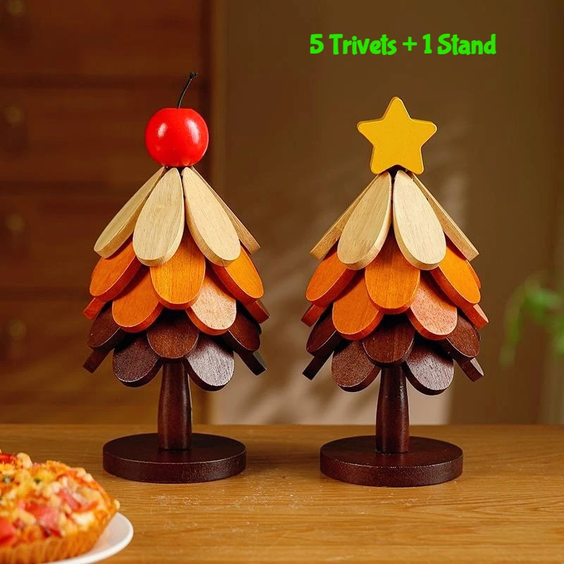 

5 Trivets + 1 Stand Tree Insulation Mat Solid Wood Dining Table Anti Scalding Mat Pot Mat Creative Personalized Home Decoration