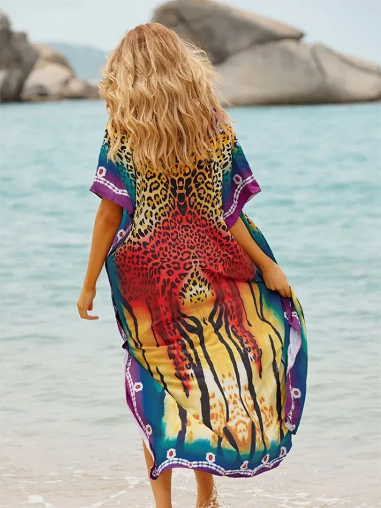 Sunforyou Moo Moos Leopard Print Kafftan Dresses for Women Plus size Swimsuit Cover Up Sliky Caftans Loungewear Robe Pareos