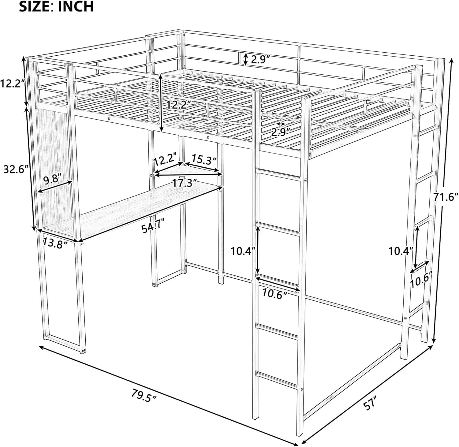 Modern Full Loft Bed With Ladder Heavy Metal Bunk Bed With Desk For Junior Teens Adults Easy Assemble White