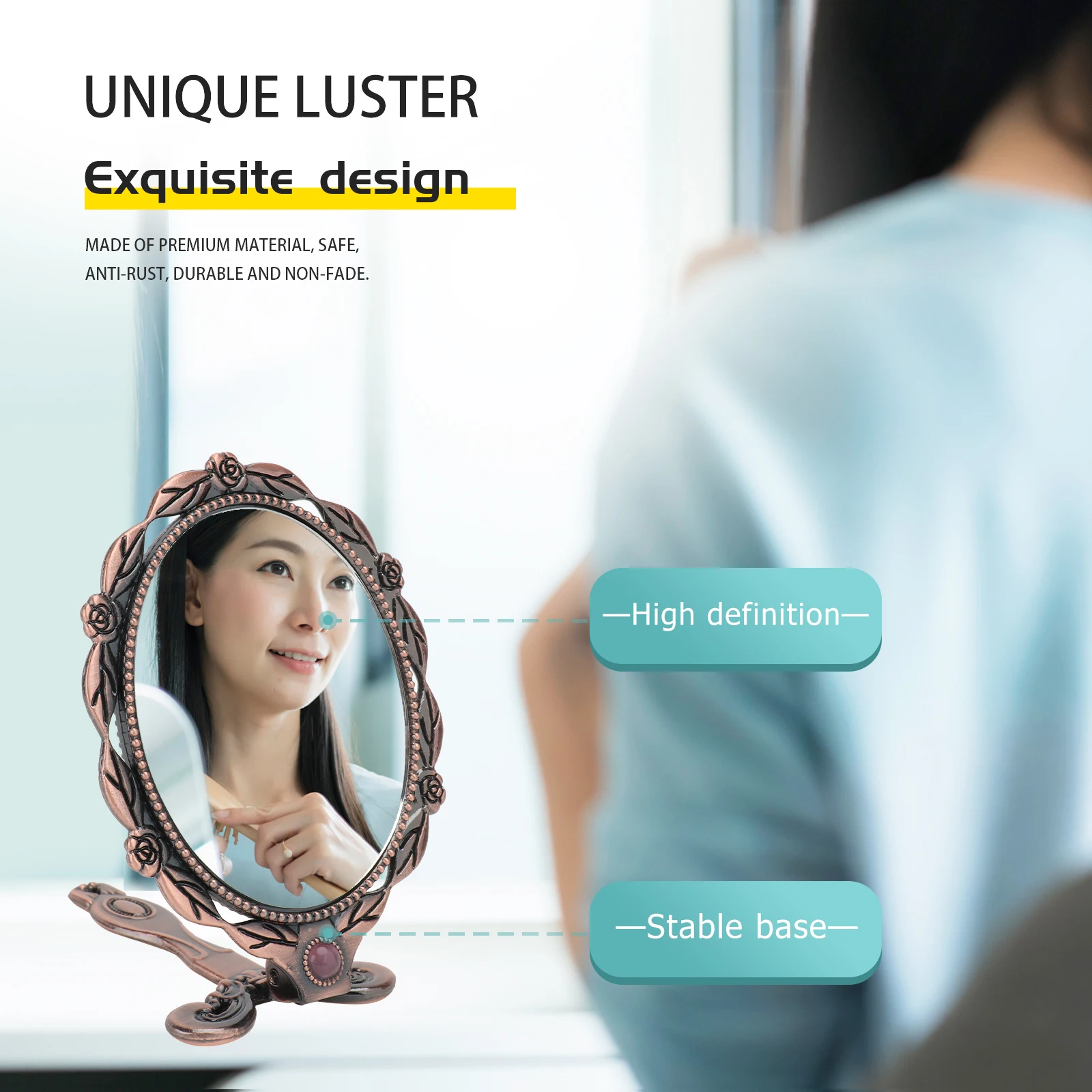 

Compact Vintage Mirror with Foldable Handle Lightweight Portable Aluminum Back Design for DIY Craft Red Bronze Color