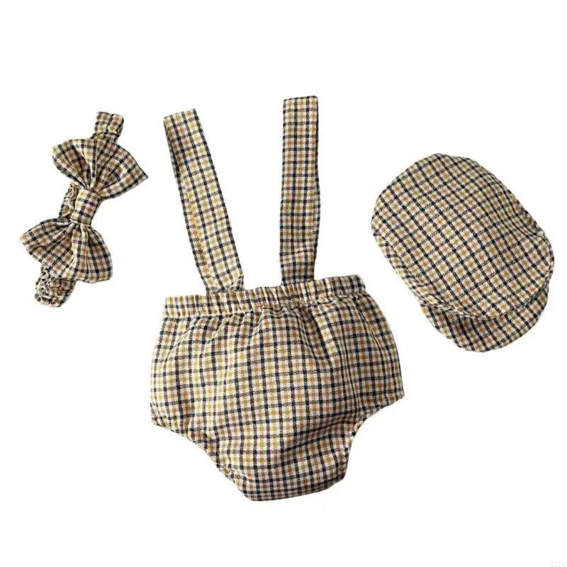 ملابس احتفالات حديثي الولادة للأولاد بنطال بحزام مربعات مع قبعة وربطة عنق لالتقاط الصور من عمر 0 إلى شهر واحد #2