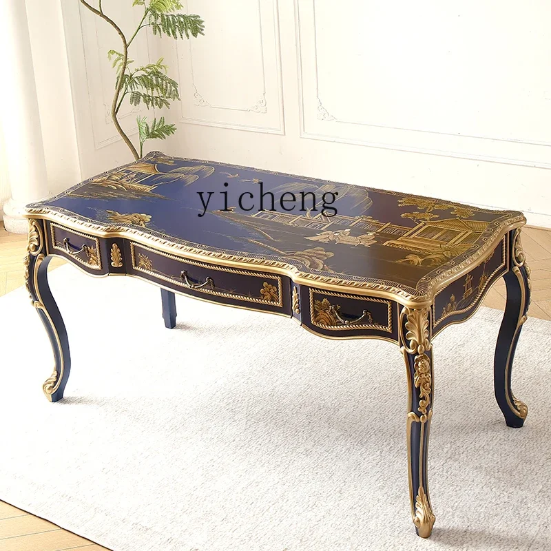 H26 villa royal blue hand-painted solid wood rectangular dining table, desk, chair, writing desk, painting, computer table