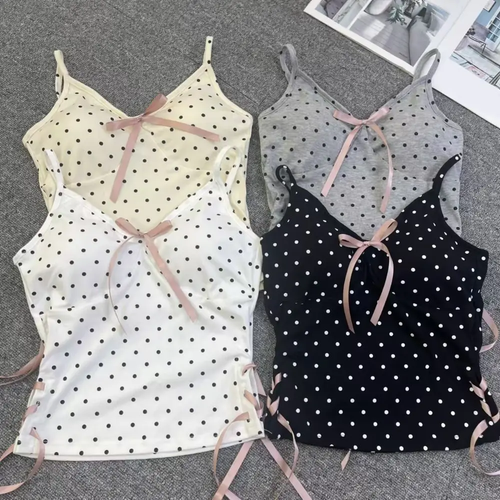 

Simple Dots Strap Vest Tops Sleeveless Tank Camisole with Pads Lace-up Drawstring Y2K Slim Crop Top Summer
