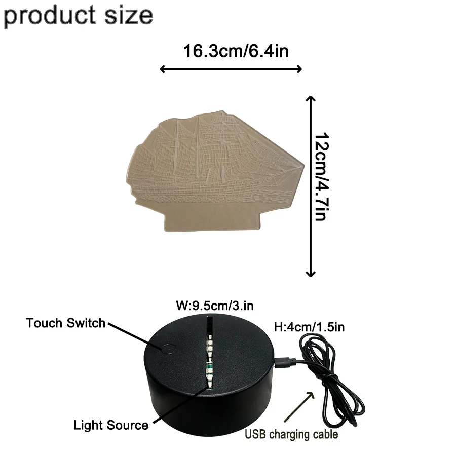 Segelboot/3D Nachtlicht, Smart Touch Farbpalette, sieben einstellbare Farben, Batterie/USB Dual Use, geeignet für Weihnachts geschenke/h