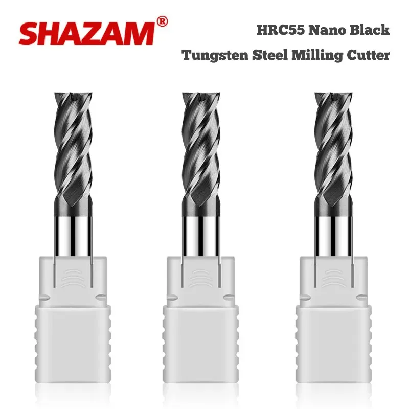 SHAZAM HRC55 4-Flute Black Nano Coating Flat End Mills Tungsten Steel Carbide Milling Cutter CNC Mechanical Machining Endmills