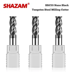 SHAZAM HRC55 4-Flute Black Nano Coating Flat End Mills Tungsten Steel Carbide Milling Cutter CNC Mechanical Machining Endmills