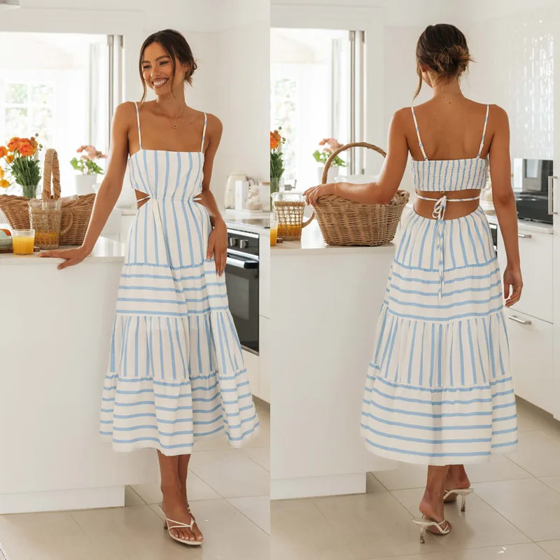 

JKW 2024Summer New Women's Sling Waist Lace-up Striped Long Stitching Dress