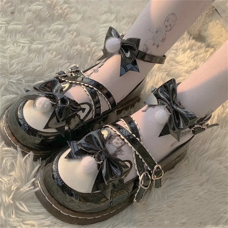 

Kawaii Cute Lolita Shoes Anime Girls Soft Soled Big Round Head Jk Uniform Shoe Pu Leather Bowknot Lolita Shoes