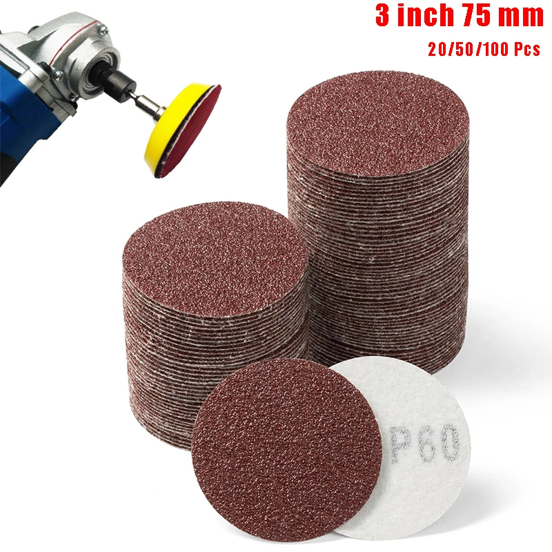 20/50/100 Pcs 3 Inch Sanding Discs No Holes Sandpaper Pads Set Hook & Loop Abrasive Sander Paper for Polishing Tools