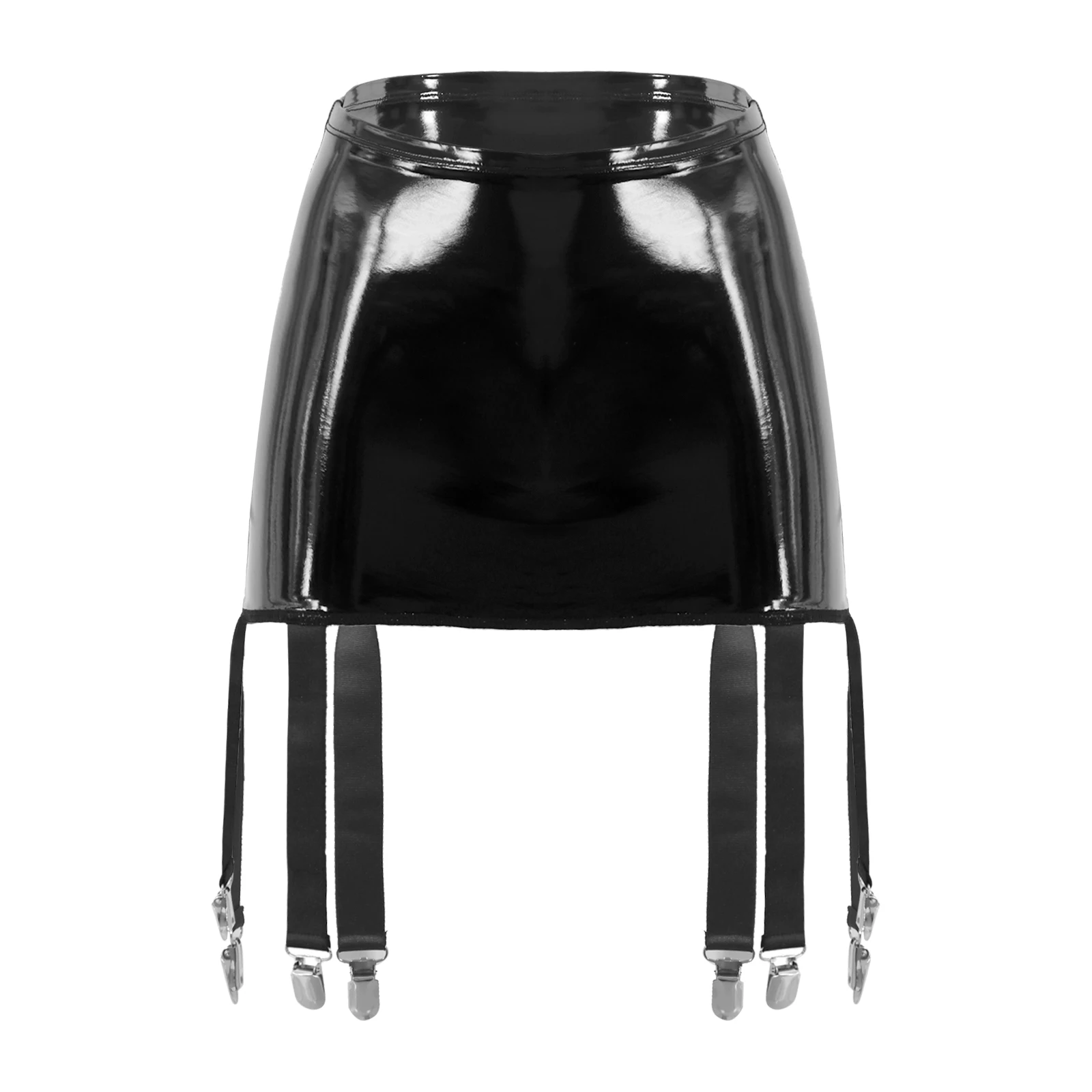 Womens Latex Skirts Club Costume Wet Look Patent Leather Garter Belt High Waist Suspenders Skirts with Six Metal Buckle Clips