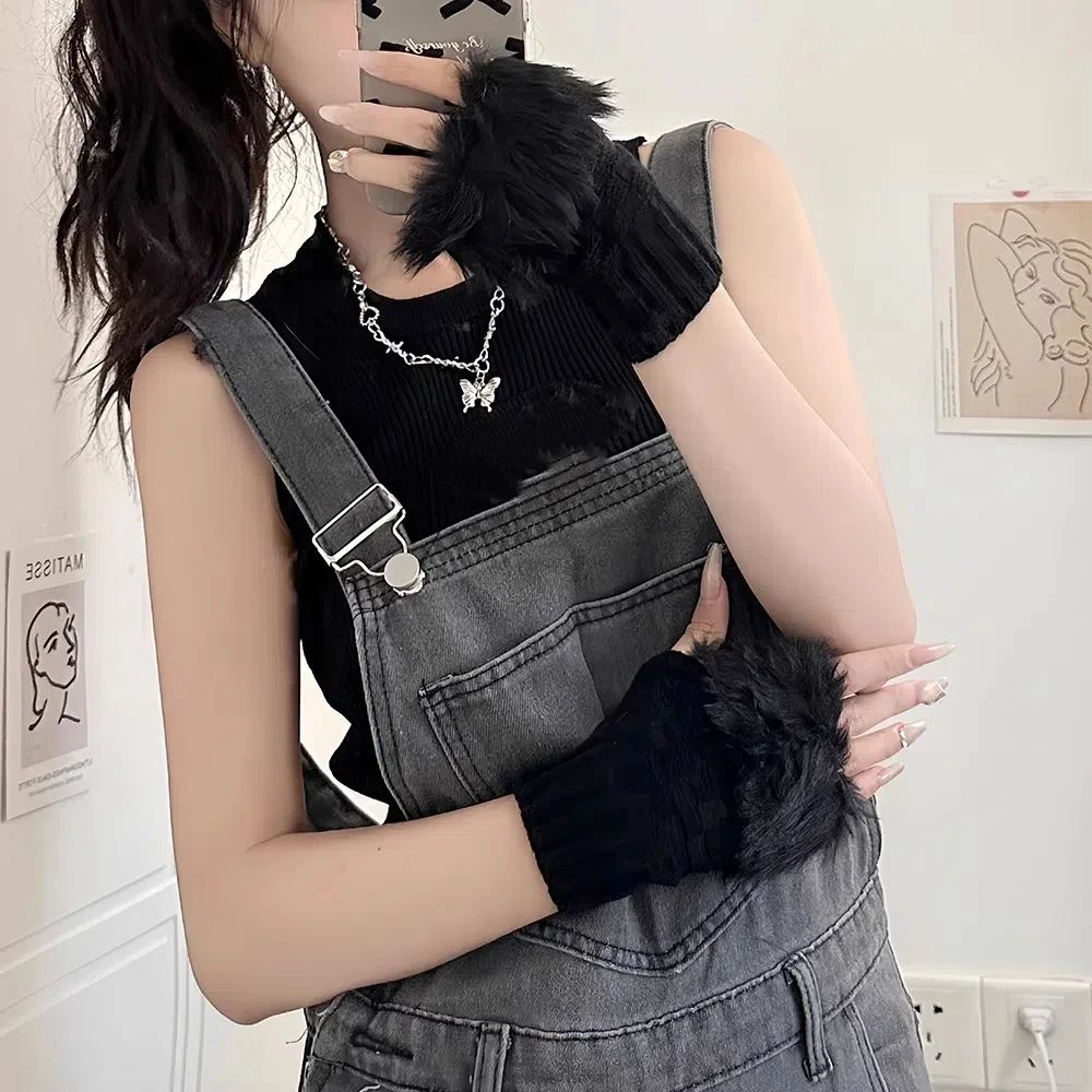 Gants japonais demi-doigt pour femmes et filles, mitaines chaudes, fausse laine au crochet, chauffe-poignet, Harajuku, hiver, JK, Y2K