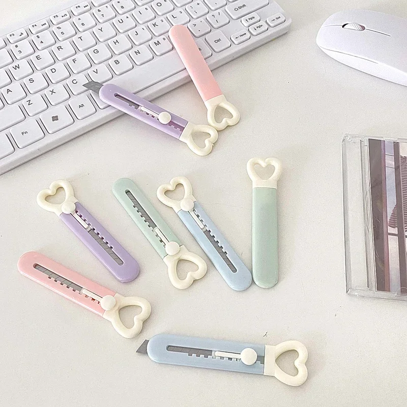 Kawaii Love Heart Utility Knife Paper Cutter Pocket Knife Safety Box Cutter Envelope Opener Refillable Blade Korean Stationery