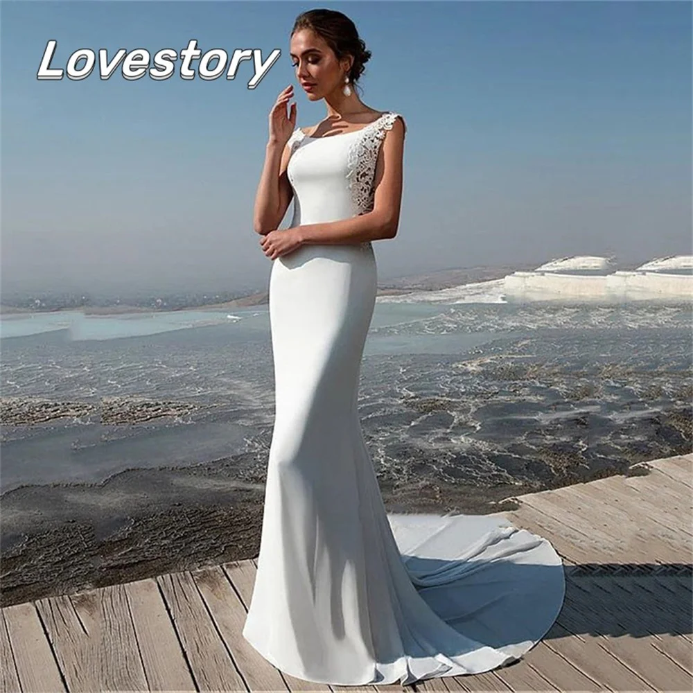 

Beach Mermaid Wedding Dresses Sleeveless Elegant Boho Bride Robes Soft Satin Scoop Neck Bridal Gowns Backless Vestidos De Noiva