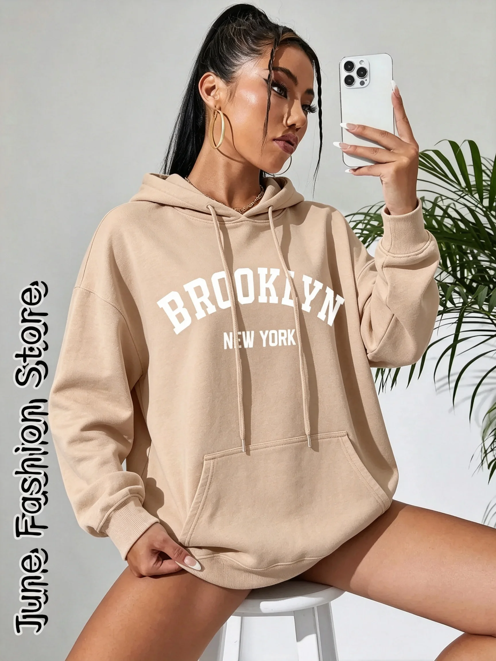 Damen-Kapuzenpullover – Lässige Streetwear-Mode mit Buchstabenmuster, Brooklyn New York – Vintage-Stil, Frühlings- und Herbstkollektion. – Detail 8