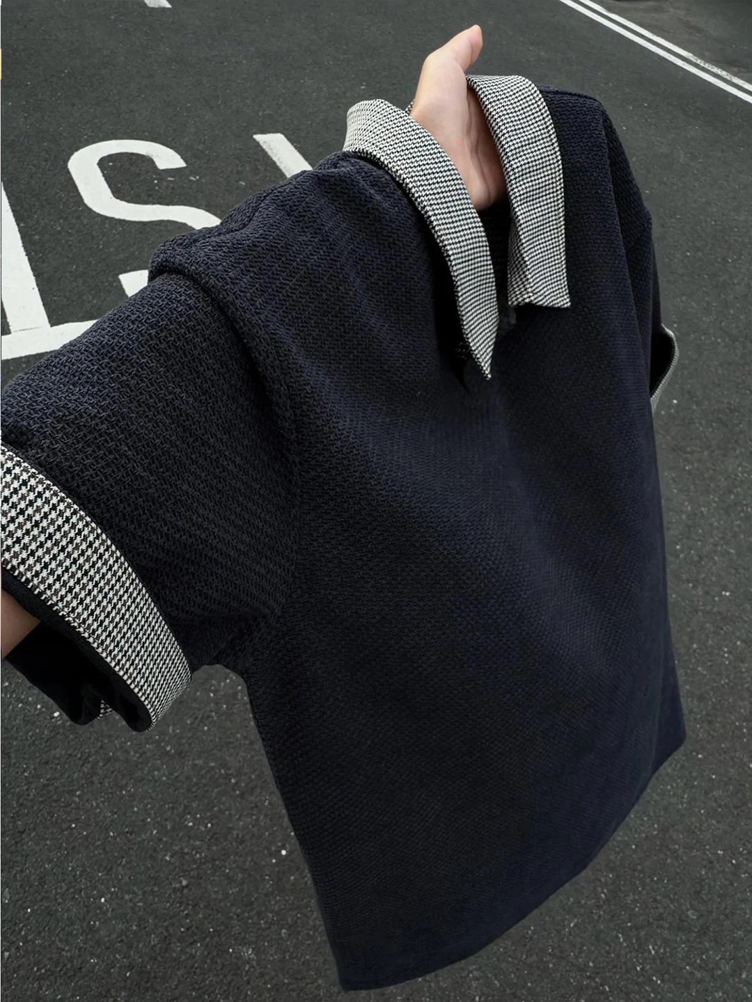 Men's  Shirt Short Sleeve Breathable Patchwork Plaid Half Sleeve Dragon Scale Pattern High Collar T-Shirt American Style
