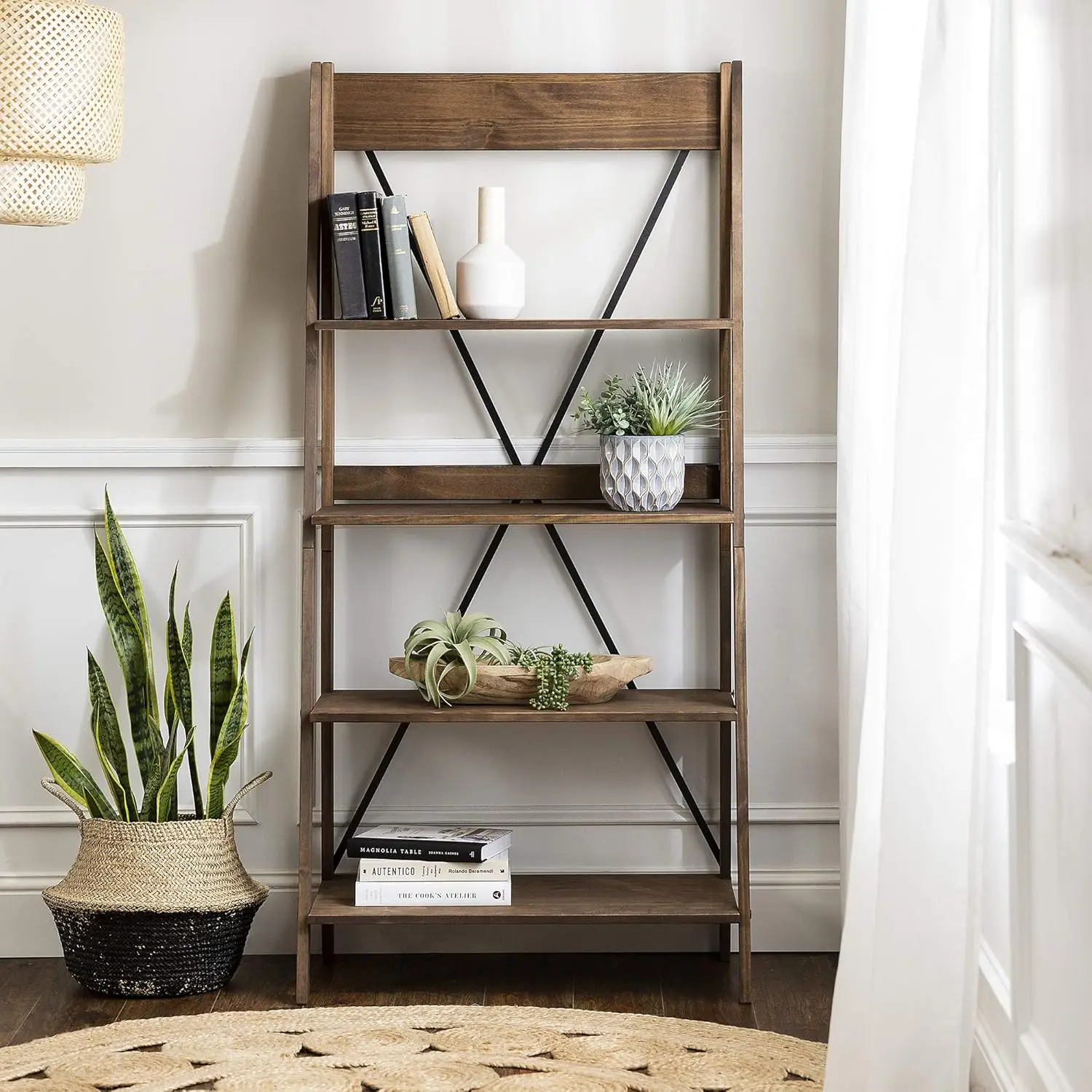 X Back Modern Farmhouse Wood Bookcase Bookshelf Home Office Living Room Storage, 4 Shelves, Brown