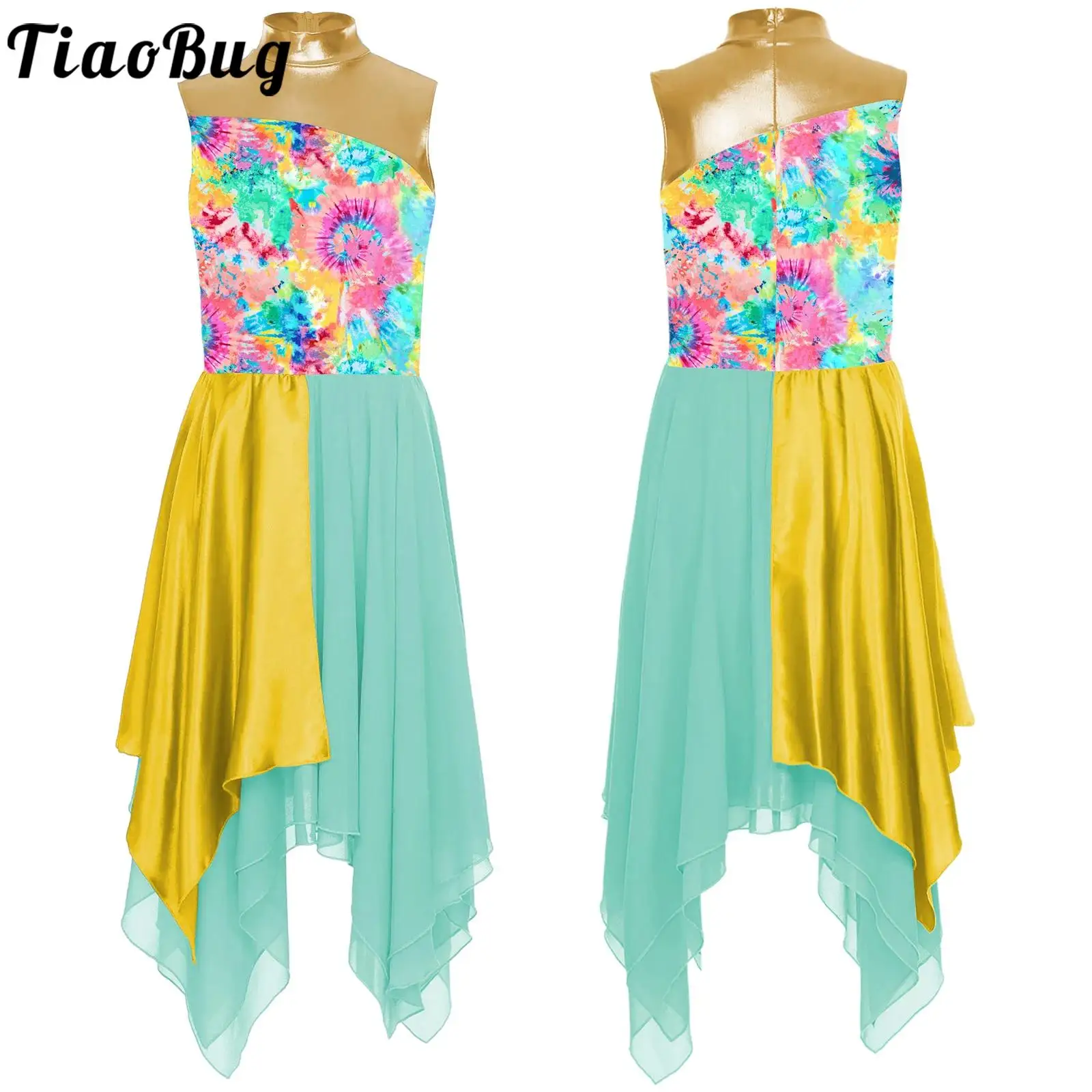 

Women Ladies Worship Praise Lyrical Dance Dress Sleeveless Print Patchwork Chiffon Irregular Hem Dress Modern Skating Dancewear