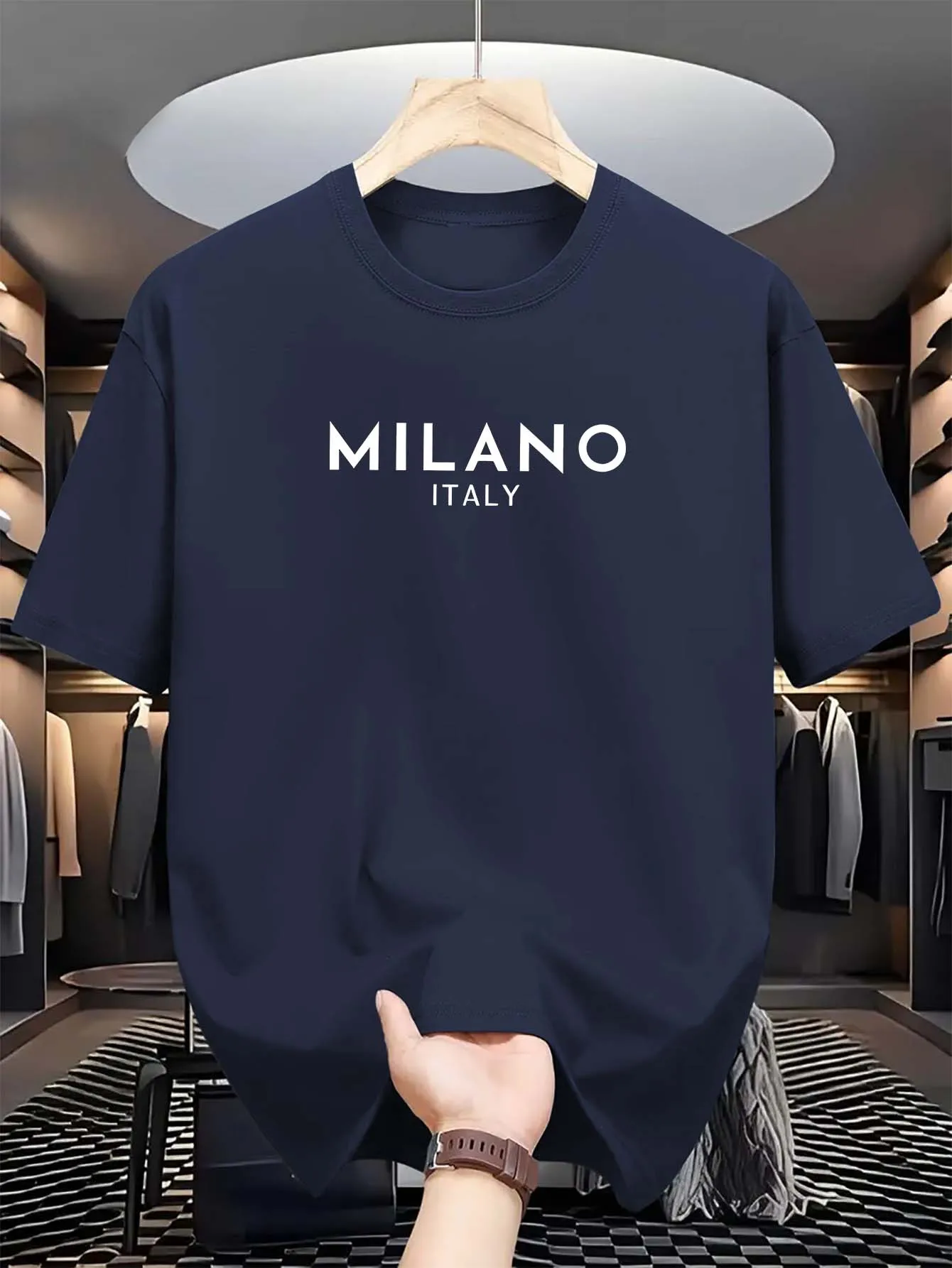 Summer men's 100% pure cotton casual loose and fashionable MILANO ITALY letter printed round neck short sleeved T-shirt top image 2