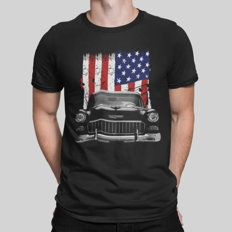 1955 Chevy Bel Air Front Grill View Silhouette With Us Flag T Shirt 2024 Men T Shirt Casual  Car fans Logo Enthusiast T-shirt Gr