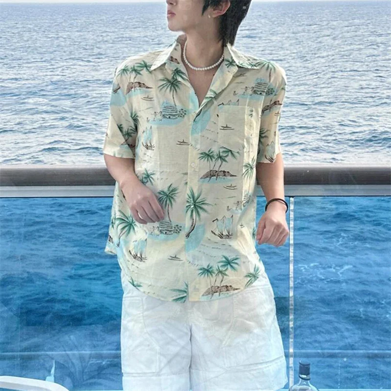 Men Lapel Short Sleeve Shirt Beige Tropical Island Coconut Palm Ocean Boat Print Loose Seaside Vacation Button Tops