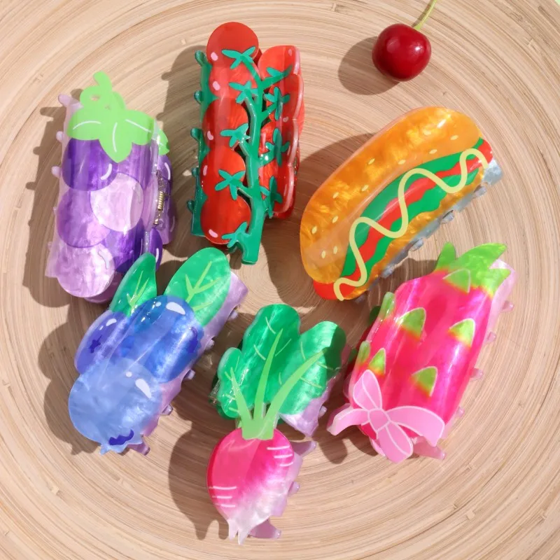 HANGZHI Creative Hot Dog Hair Clip Colourful Dragon Fruit Grape Tomato Shark Clip Personalised Fun Hair Accessories for Women