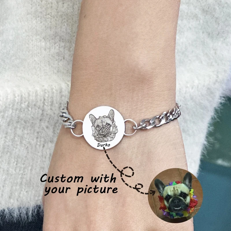 

Круглый браслет с фотографией домашних животных по индивидуальному заказу, кубинское звено для мужчин и женщин, персонализированный браслет из нержавеющей стали для владельца домашних животных, подарочные ювелирные изделия