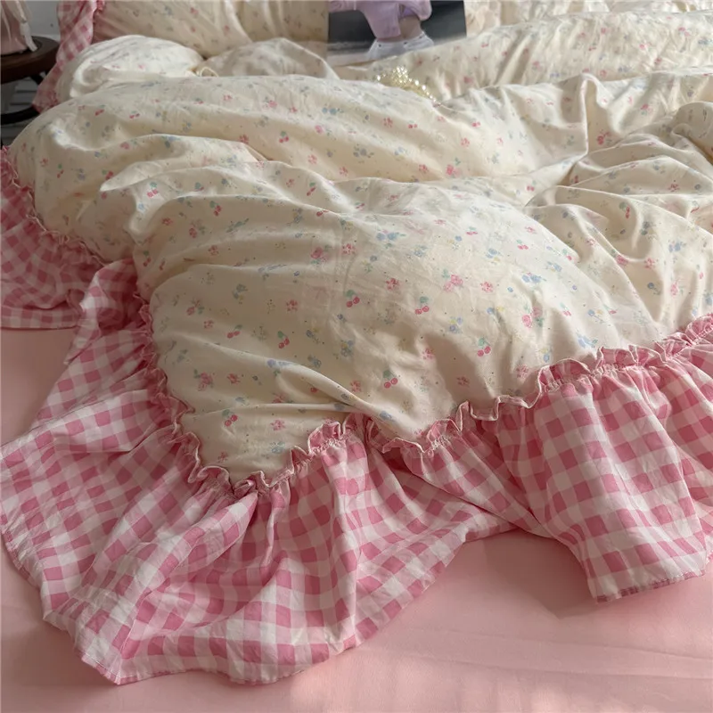 Korean Princess Style Floral Ruffles Bedding Set Washed Cotton Duvet Cover Bed Sheet Pillowcases Single Full Queen Size 3/4Pcs