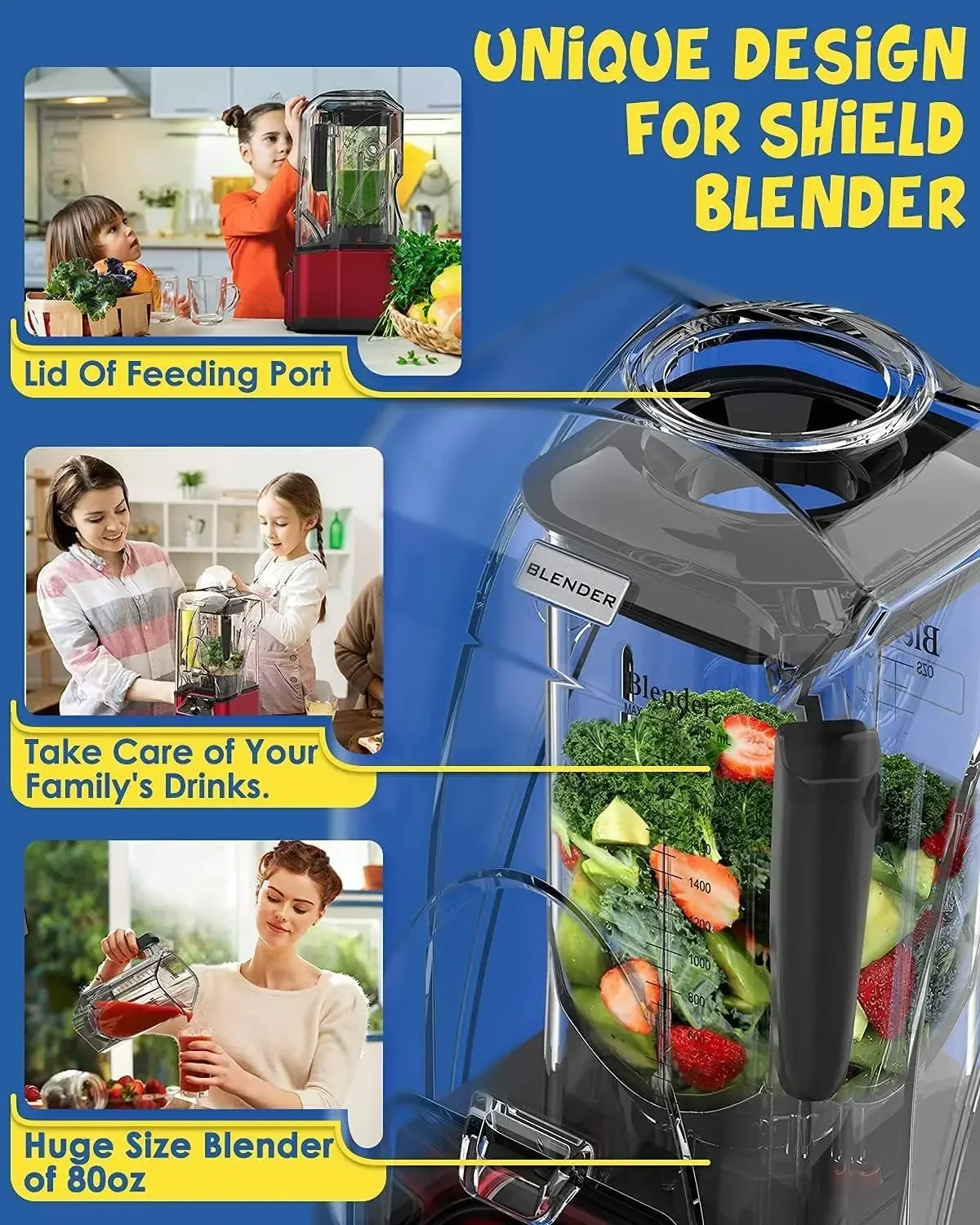 CRANDDI Quiet Commercial Blender with Soundproof Shield, 2200 Watt Professional Blenders for Kitchen with 80oz Pitcher