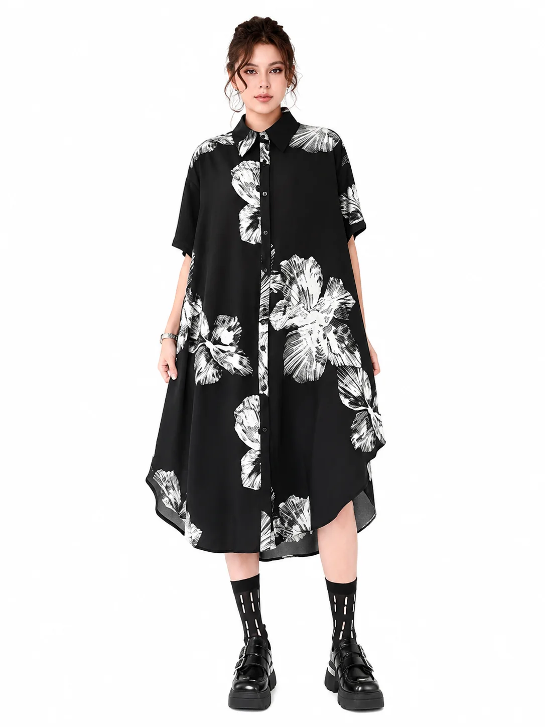 Oversized Floral Print Shirt Dress for Women