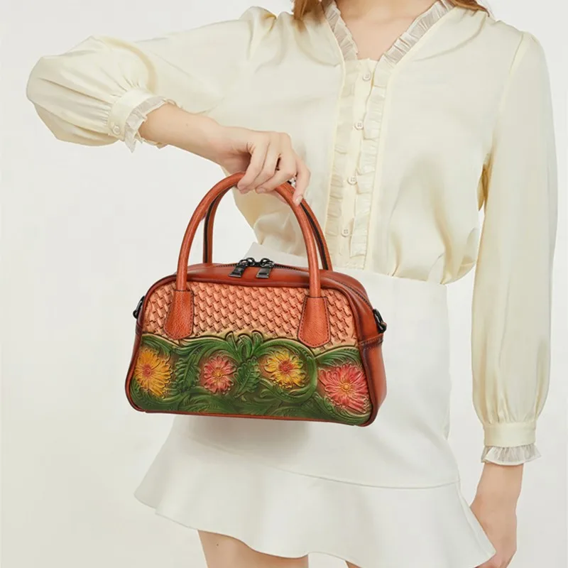 Johnature 2026 New Ethnic Style Genuine Leather Retro Handbag Handmade Leather Carving Women's Shoulder Crossbody Bags