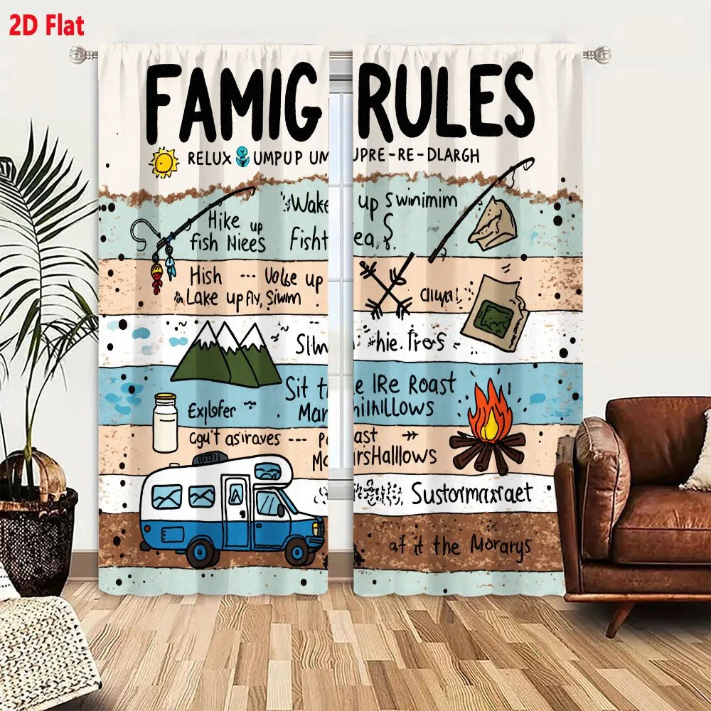 2Pcs Curtains 2D Flat FAMIG RULES Camping & Outdoor Activities Illustration with Fishing Camping Gear Fire RV and Playful Text E