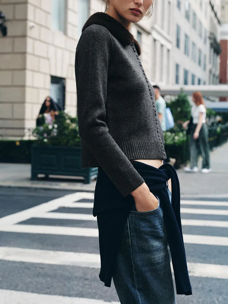 Nova chegada outono feminino longo sve malha gola de pele do falso jaet ort sle europeu faion senhoras casaco za2025