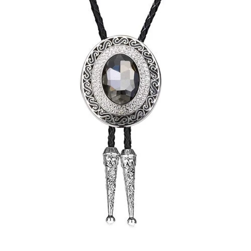 652F Delicate Crystal Bolo Tie Cowboy Punk Round Necktie Western Bola Tie Metal Charm Bolo Tie Cowboy for Shirt Jeans