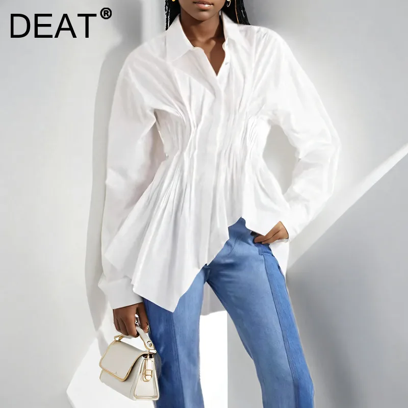 DEAT Fashion Women's Lapel Covered Button Shirt Folids Waist Long Sleeve Irregular Fish Tail Hem Blouse Spring 2025 New 7AB3817