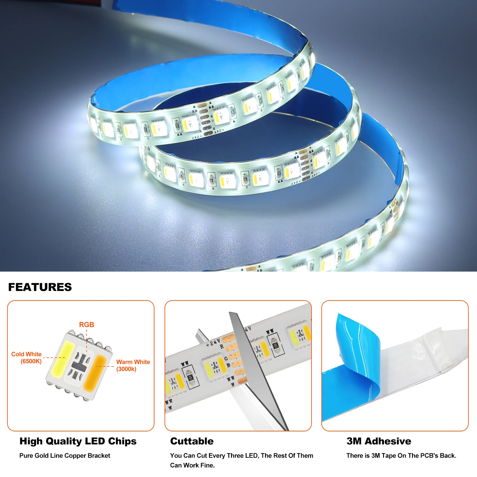5M RGBCCT LED Strip Light 5 Colors In 1 Chip Flexible Ribbon Tape SMD 5050 60 96Leds/M LED Light IP65 IP67 Waterproof 12V 24V