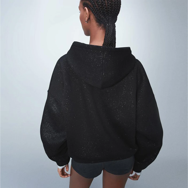 Black Glitter Bling Hooded Sweatshirt Women Casual Long Sleeve Basic Classic Style Pullovers  New Trendy Lady Sweatshirts Top
