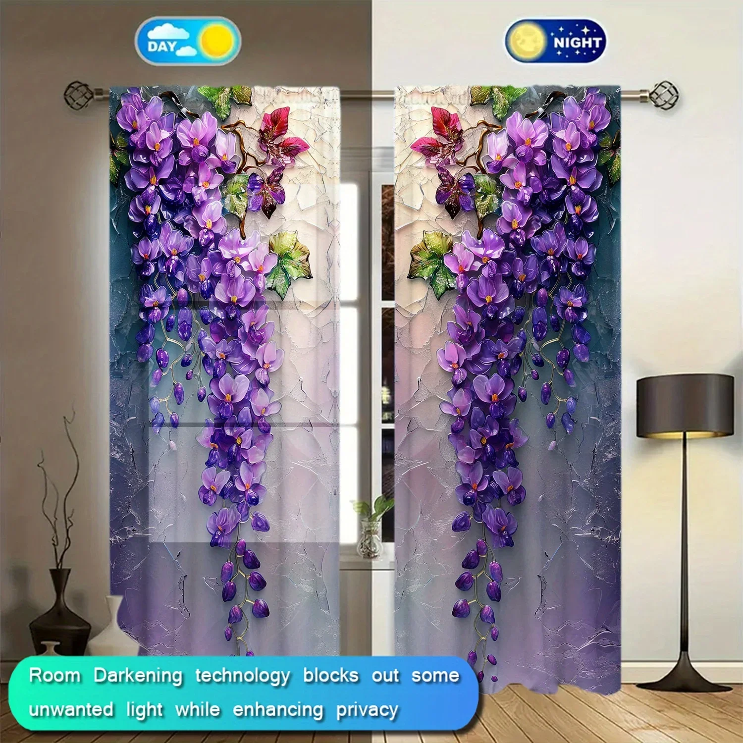 2pcs Glass Flower Printed Curtain for Home Decor - Rod Pocket Window Treatment for Bedroom,Office,Kitchen,Living Room,and Study