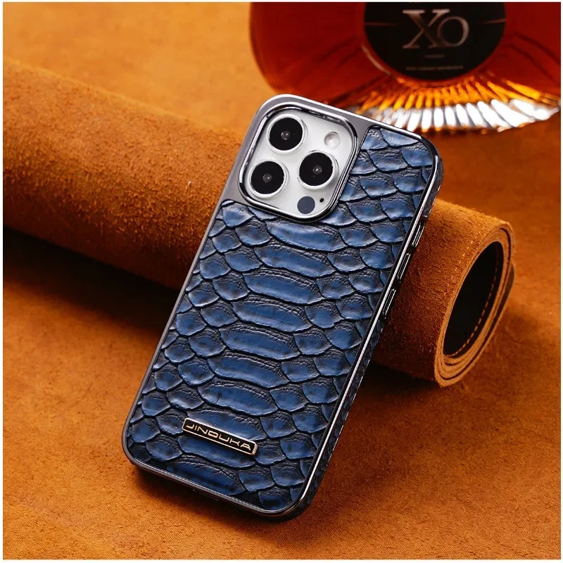 Luxury Python Texture Leather Electroplating Phone Case For iPhone 15 14 Plus 13 12 Pro Max Back Cover with Built-in Flannel