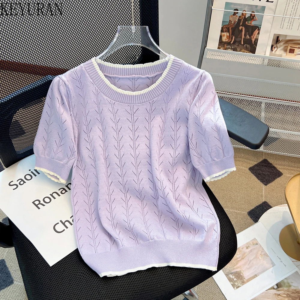 2024 Summer Hollow Out Sweater Women\'s Pullover Vintage Korean Fashion O-Neck Short Sleeve Loose Ice Silk Knitted Tops Jumper