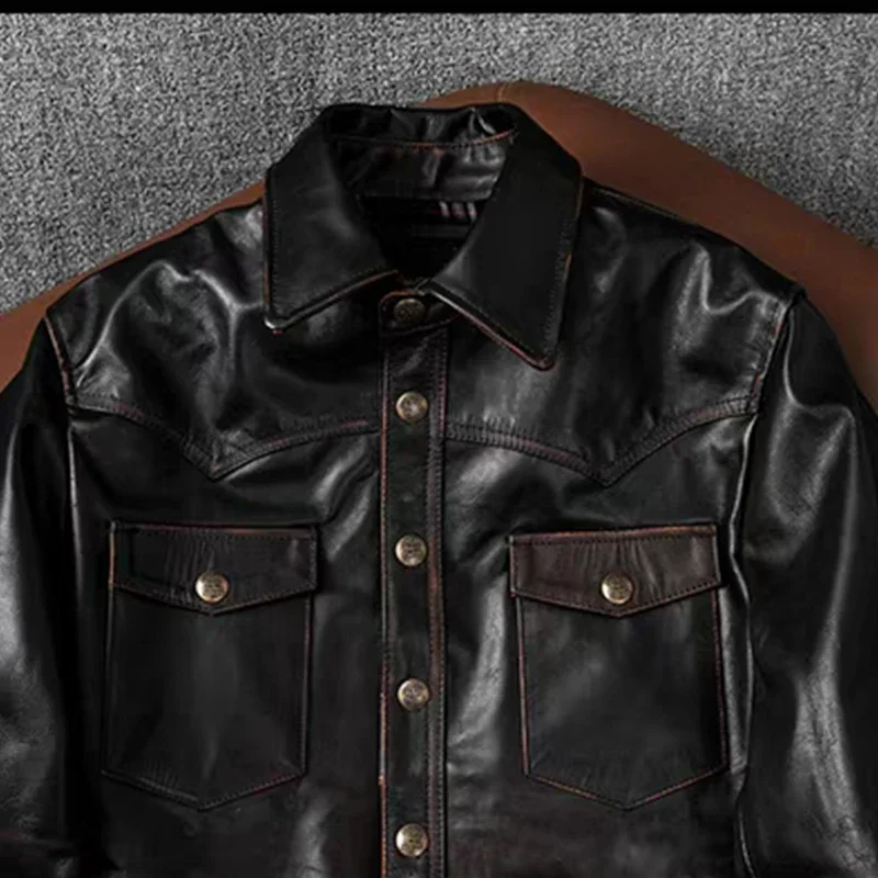 Tea Core First-Layer Horsehide HAND-Rubbed Retro เสื้อหนังธรรมชาติผู้ชาย Lapel Slim สั้นเสื้อหนังรถจักรยานยนต์