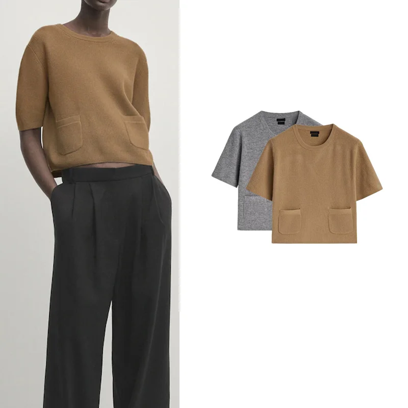 Gray Series Simple Versatile New Arrival Women's Knitwear round Neck Sweater T-shirt Street Style Short Sleeve Polyester Fiber